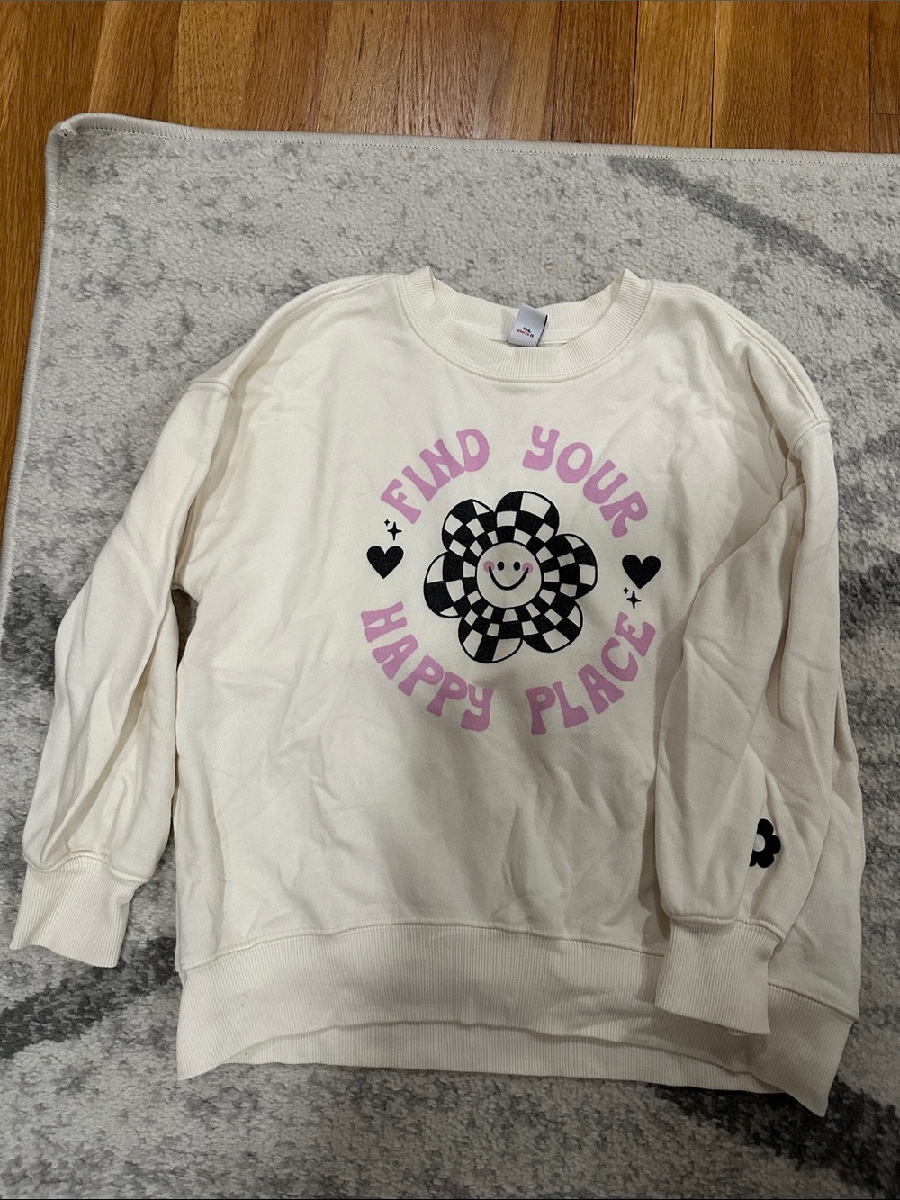 Old Navy Cream Sweatshirt with Pink and Black 'Find Your Happy Place' Graphic